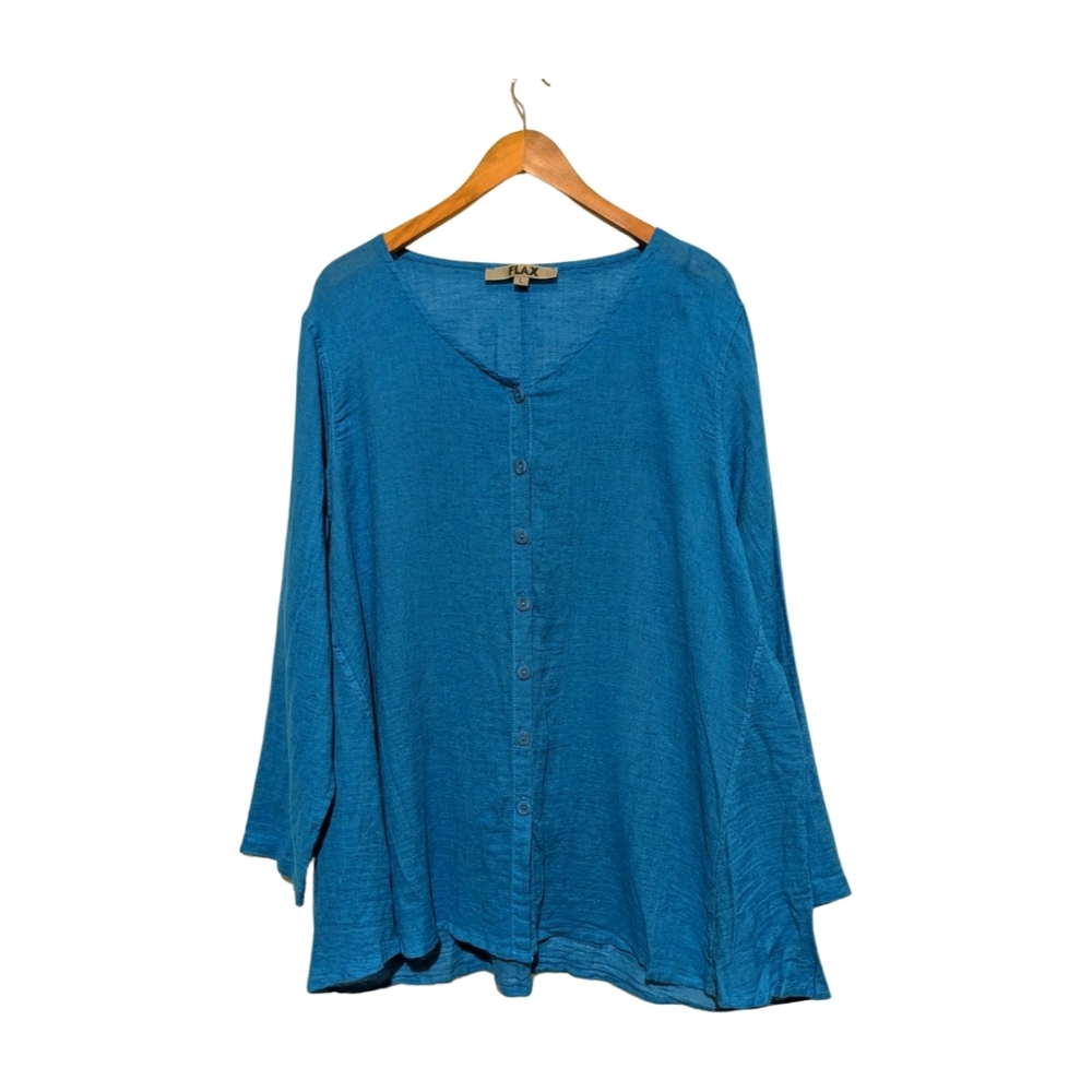 FLAX Linen L Button Up Turquoise Blue Top L/S Scoop Neck